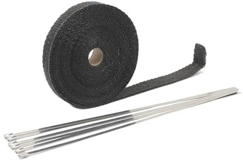 HESHUWEN Hitzeschutzband 2,5 cm * 5 m / 10 m / 15 m Motorrad-Thermo-Auspuffband Header Wrap Auspuff-Hitzeschild rollenfest mit Edelstahl Auspuff Hitzeschutzband(2.5cmx5m Black)