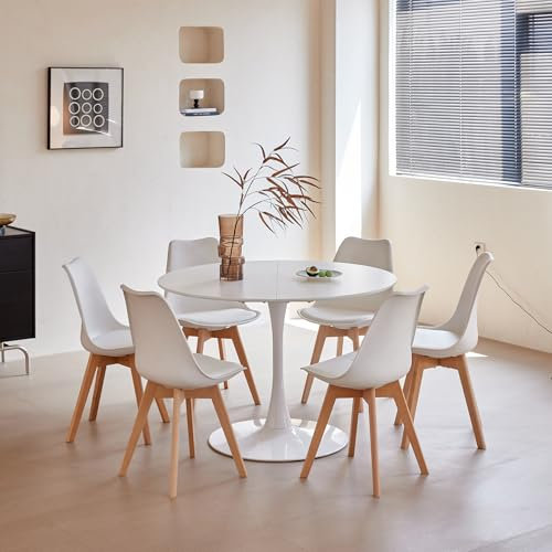 BenyLed Set de Mesa Redondas y 6 Sillas para Cocina, Terraza, Jardín, Balcón o Comedor, Blanco (110 * 110 * 75cm)