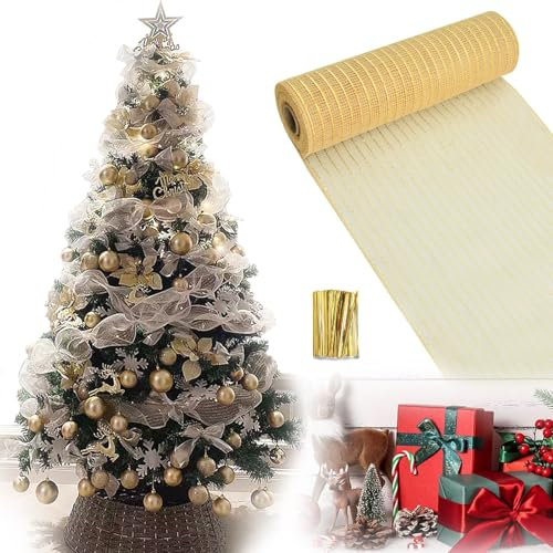 Weihnachten Lametta Girlande,Weihnachtsbaum Dekoration Girlande,Glänzend Weihnachtsbaum Ornamente,Weihnachtsbaum Kranz,Metallfolien-Netzband Für Weihnachten 26 cm X 9,14 m (Gold)