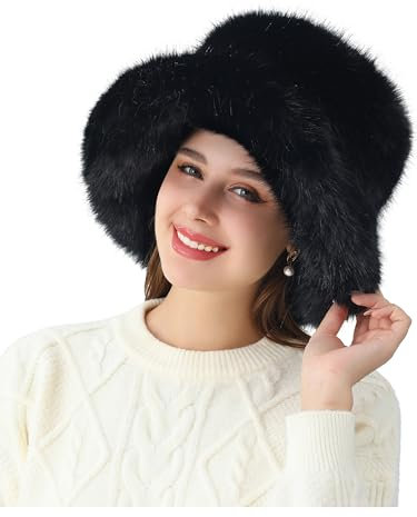 sy soul young Damen Winter Kunstpelz Plüsch Bucket Hat Wintermütze Fischerhüte Hut Pelz Warme Fischer Cap(Schwarz)