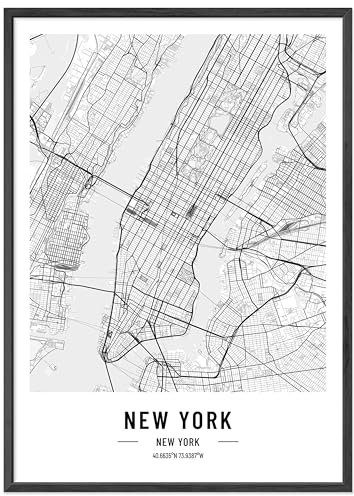 JUNOMI® New York Poster DIN A4 mit Rahmen Schwarz, DIN A4 Wohnzimmer Deko, Modernes Wandbild, New York Bild, Wandbild mit Rahmen, Stadtplan Poster New York, perfekte Geschenkidee für New Yorker