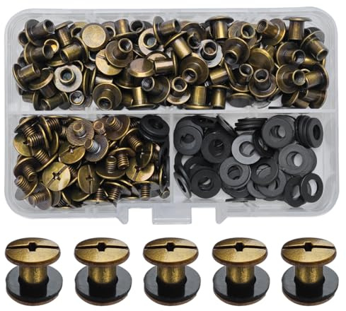 SHSMPXOY 90 Juegos Remaches Tornillo Encuadernacion, M5*5Tornillos de Chicago,Remaches de Tornillo Para Cuero Reparación para Bolsos, Libros, Collares, Mochilas, Correas de Perro, Correas (Bronce)