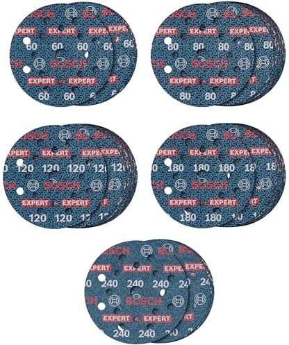 Bosch 55x Set di dischi per levigatura EXPERT O780, 125 mm, 55 pz (per Legno duro, Vernice su legno, Ø 125 mm, Grano 60/80/120/240, Professional Accessorio levigatrice rotoorbitale)