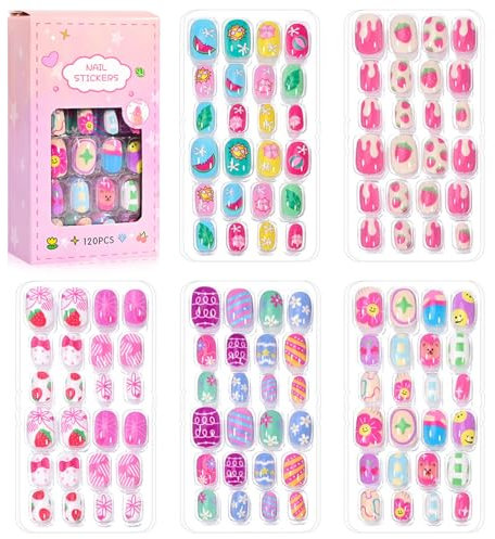 120Pcs Kids False Nails, Press on Nails Cute Cartoon Stick on Artificial False Nail Tips Pre Glue Full Cover Short Acrylic Nails for Girls