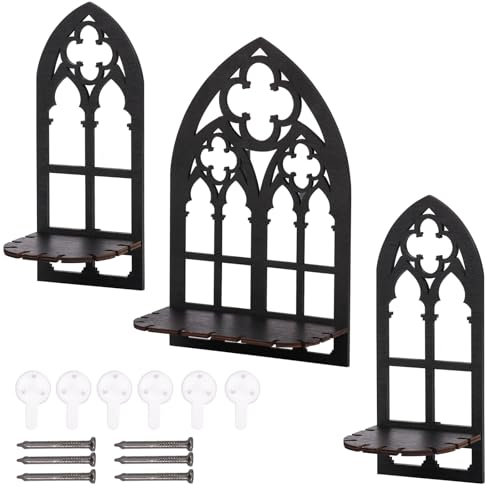 Foppla 3 Stück Kristall-Ausstellungsregal, Fensterform, schwebende Regale, Gothic-Kristallregal, leichte Wandkerzenleuchter, dekorativer Wandkerzenhalter für Wanddekoration, Heimdekoration, Schwarz