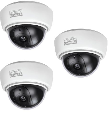 BASI | 3er Set Dome Kamera-Attrappe mit blinkendem LED-Licht | Dummy Kamera | Objektiv Überwachungskamera für den Innen- und geschützten Außenbereich | Wand- Deckenmontage | Weiß | CCTV