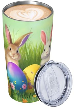 TianHeYue Easter Bunny Eggs Insulated Coffee Mug Cup 20 OZ, Spring Flower Rabbit Stainless Steel Tumbler with Lids and Straws for Home Office Car Outdoor Travel