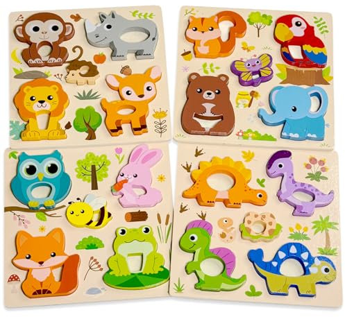 Kulveanju Holzpuzzle ab 1 Jahr, 4 Stück Tier Steckpuzzle Holz, Montessori Holzspielzeug Baby, Lernendes Pädagogisches Greifpuzzle Motorikspielzeug Babyspielzeug Geschenk Mädchen und Jungen Kinder ab 2