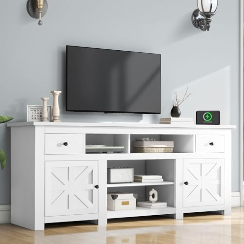 DWVO Farmhouse TV Stand for 75/80 Inches TVs, Entertainment Centers Furniture 30 Tall, TV Consoles with Storage Drawers & Power Outlet, Rustic TV Stands for Living Room, White