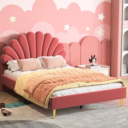 Polsterbett 140x200 cm, Modern Doppelbett Bettgestell mit Petal Kopfteil und Lattenrost, Einzelbett Rückenlehne, Erwachsenen-Jugendbett-Gästebett in hautfreundlichem Samtstoff, Rot, Ohne Matratze