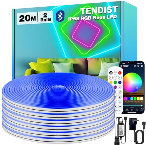 TENDIST 20M RGB Neon LED Strip Wasserdicht Flexible, IP68 LED Streifen Aussenbereich Bluetooth mit Smart App, Outdoor Neon Light Musik Sync für Terrasse, Balkon, Garten, Wandpaneele (10M*2)