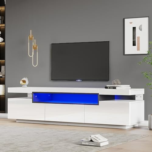 LANTRO JS TV Kommode, LED Beleuchtung, Fernseher Schrank für 70 Zoll Fernseher, Hochglanz TV Lowboard für Wohnzimmer, 160x39x42cm, Weiß
