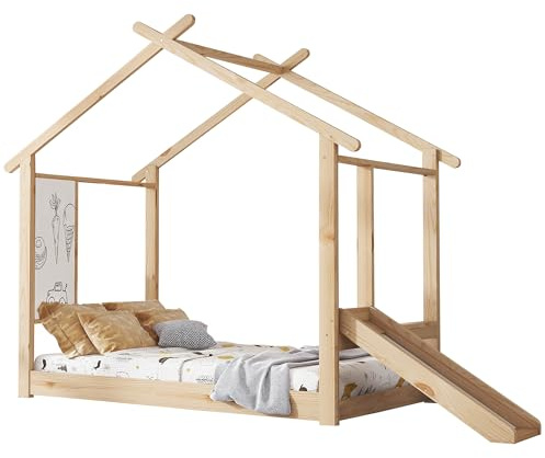 SOFTWEARY Hausbett mit Lattenrost und Rutsche, Kinderbett, Holzbett, Einzelbett, Kiefer, 90x200 cm, Natur
