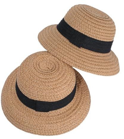 arricraft 2 Pcs Mini Straw Hats for Dolls, Miniature Knitting Straw Hat Mini Doll Hats Doll Ornaments for DIY Craft Dollhouse Decoration Party Accessories (Tan)