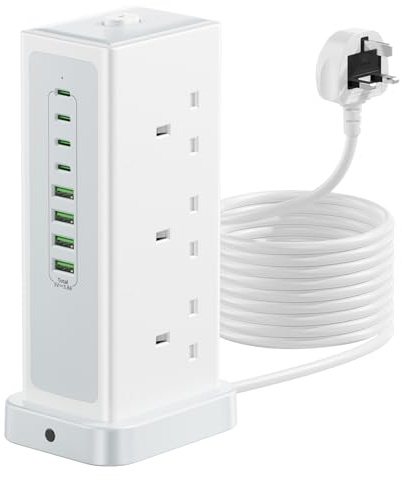 Tower Extension lead with USB Slots,6 Way (13A/3250W) Plug Extension Socket with 4 USB C & 4 USB A, Multiplug Overload Protection with Switch 5 Metre Extension Cable for Office, Home, Kitchen