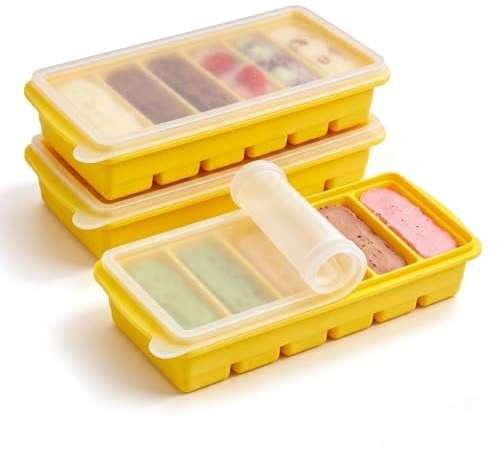 Soqurnpy 3 Pack Silicone Soup Freezer Moulds with Lid, Large Ice Tray Reusable Food-Large Ice Containers Silicone, Easy Release Souper Tray for Meal Prep, Batch Cooking-Yellow