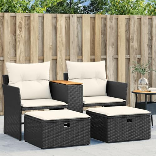 HUAKEHOM Gartensofa 2-Sitzer Outdoor Sofa mit eingebauter Ablage Terrassensofa mit Hockern Gartenmöbel Sofagarnitur Gartengarnitur Schwarz Poly Rattan