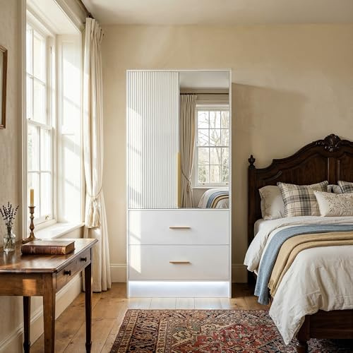 PREMTURE White Mirrored Bedroom Wardrobe, Tall Storage Cupboard with 2 Doors 2 Drawers, Full Body Mirror, Hanging Rod, LED Light Strip, Freestanding Clothes Storage Cabinet for Home Bedroom