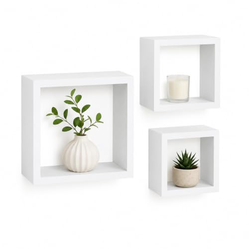 spot on dealz® Cali Wall Floating Shelves Cube Box Set of 3 Wooden White Wall Shelf for Bedroom Living Room Kitchen Decorative Furniture Display Shelving Unit