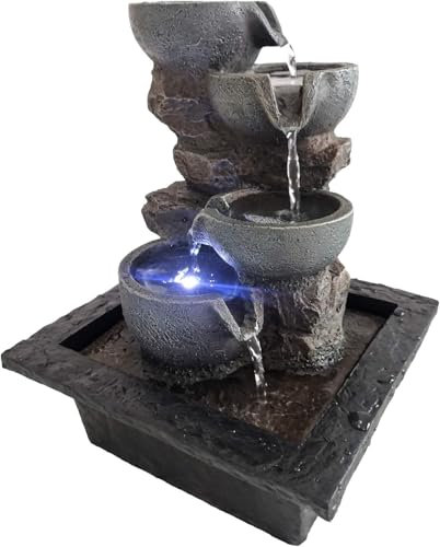 DRULINE Zimmerbrunnen France Brunnen mit Wasserfall und LED Beleuchtung für Drinnen und Draußen Polyresin in Stein Optik Wasserspiel mit Pumpe | 18430 | L x B x H 22 x 19 x 27 cm | Grau Braun