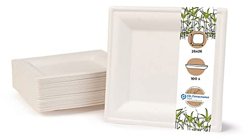 BIOZOYG Vaisselle à base bagasse | 100 pièces d'assiettes du canne de sucre blanche carrée décolorée 26x26 cm | Bio jetable vaisselle, menu plats et jetable fête assiette