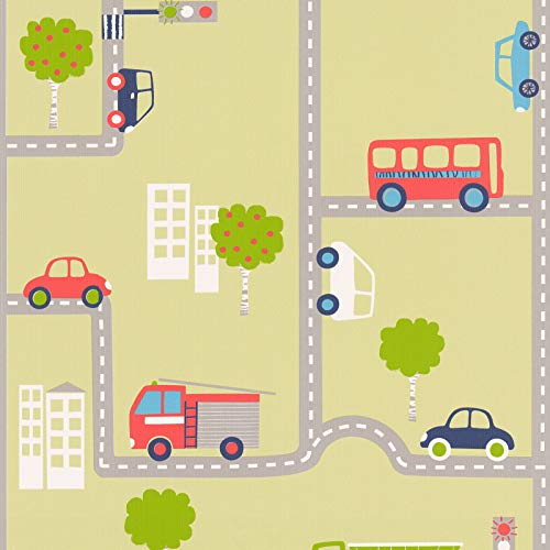 Hellgrüne Tapete für Jungs | Bunte Tapete mit Autos und Straßen | Papier Autotapete ideal für Kinderzimmer von Jungen
