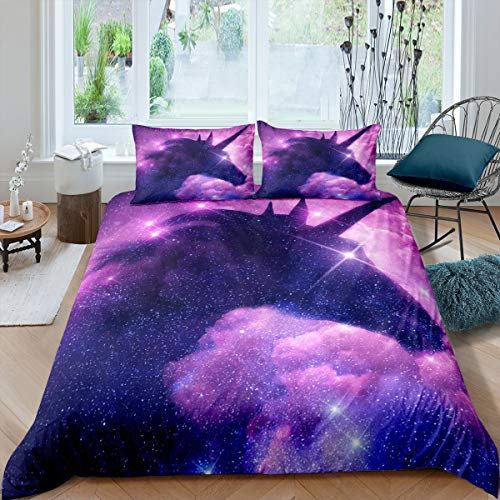 Loussiesd Galaxy Einhorn Bettwäscheset 135x200cm Bettwäscheset für Kinder Mädchen Cartoon Bettwäscheset 2 STK. Lila Psychedelic Pattern Animal Print mit 1 Kissenbezug 80x80cm Reißverschluss