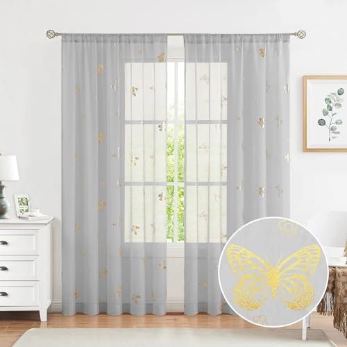 Jubilantex Juvenile Vorhang mit Schmetterling-Motiv, Metallic-Druck, Leinenstruktur, Voile, transparente Stangentasche für Kinder, Gardinen-Sets für Wohnzimmer, 2 Vorhänge, 132,1 x 213,4 cm, grau