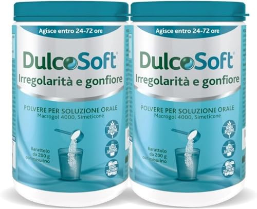 DulcoSoft Irregolarità e Gonfiore, Lassativo Delicato con Macrogol e Simeticone, Senza Glutine Senza Zucchero Senza Lattosio - Rimedi Stitichezza Adulti e Bambini, per Stipsi e Pancia Gonfia (2x200g)