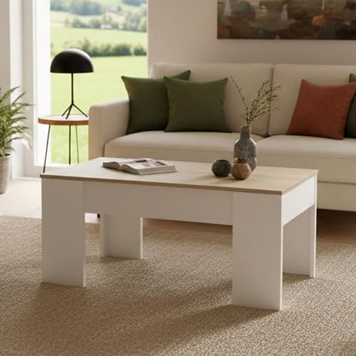 Dmora - Couchtisch Oceanside, Couchtisch mit hochklappbarer Platte, niedriger Wohnzimmertisch, 100 x 50 x 45/56 cm, Weiß und Eiche