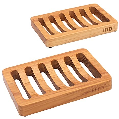 Slotted Bar Seifenschale Teakholz 2pcs von HTB, Küche hölzerne Schwammhalter, selbst abtropfen Lassen Seifenablage für Dusche, Waschbecken, Bad, Badewanne, RV