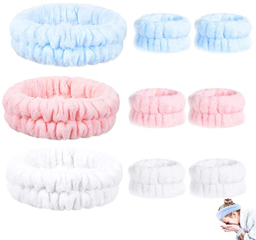 Spa Gesicht Stirnband Handgelenk Waschbänder Set, Haarband Kosmetik,Spa Gesichts Stirnband zum 3 Paar Handgelenk Spa Waschband Mikrofaser Handgelenk Waschen Handtuch(Hellrosa, Weiß, Himmelblau)