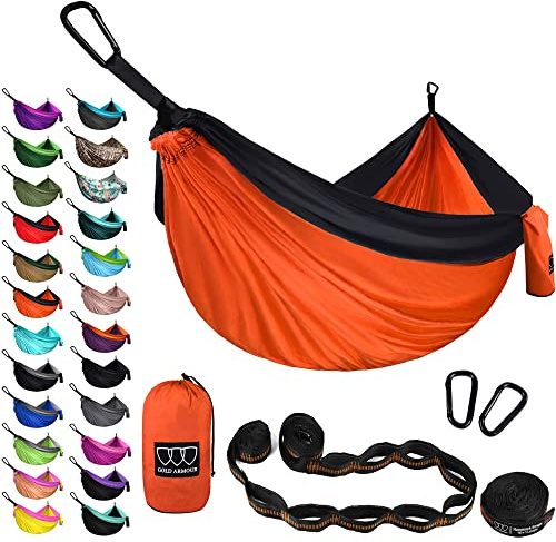Gold Armour Camping-Hängematte - XL Doppel-Hängematte tragbare Hängematte Campingzubehör Ausrüstung für den Innen- und Außenbereich mit Baumgurten, USA basierte Marke (Orange und Schwarz)