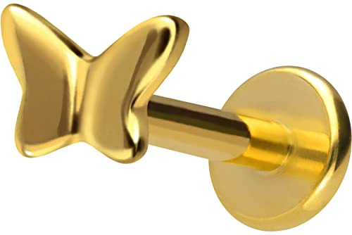 PIERCINGLINE Titan Labret mit Gewinde Titan Aufsatz SCHMETTERLING Piercing Lippe Nase Ohr Helix Tragus Medusa Goldfarben 1,2 x 6 mm