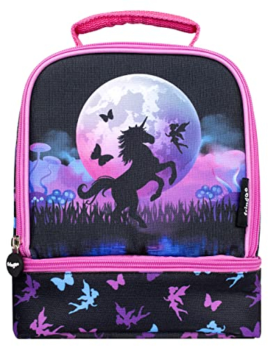 Fringoo Lonchera de dos pisos, diseño de unicornio y luna, bolsa de almuerzo para niños con compartimento, totalmente aislada