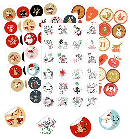Adventskalender Aufkleber Set (Zahlen 1-24) Sticker für Kalender zum basteln für Weihnachten - Adventskalenderzahlen Etiketten selbstklebend - Zahlenaufkleber - Nummern Papiertüten (2-C, One Size)