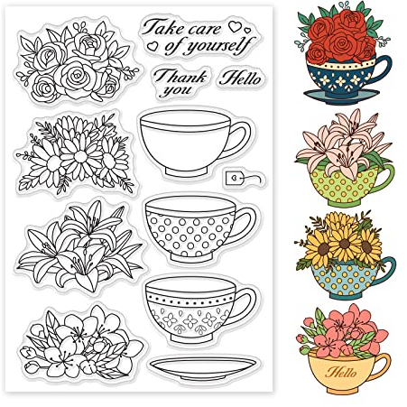 GLOBLELAND Flowers Teacups Clear Stamps Floral Tea Cup Silicone Clear Stamp Seals for Cards Making DIY Scrapbooking Photo Journal Album Decoration