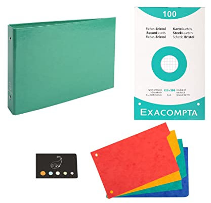 Lot 1 Classeur Pour Fiches + 4 Intercalaires + 100 Fiches Bristol 125 * 200 Petits Carreaux + 1 Index Adhésif Blumie (Vert Foncé)