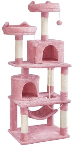 Abician Arbre à Chat Multiniveau Tour d'escalade Griffoir pour Chat avec 2 Perchoirs et 2 Niches Poteaux en Sisal Lit hamac Boule pour Chats de Taille Moyennne 158 cm de Haut Rose