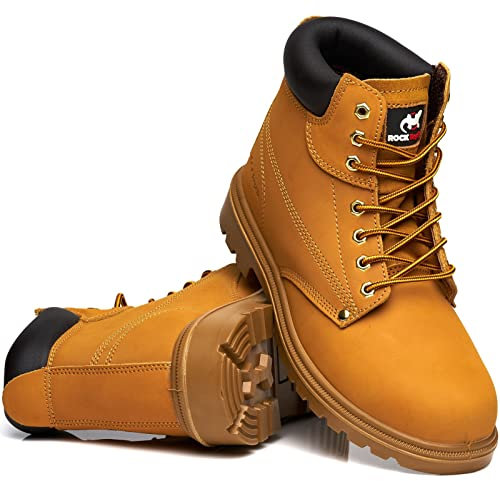 Rock Reptile Botas de seguridad de cuero para hombre con puntera de acero, zapatos ligeros S1P SRC con cordones, miel, 42 1/3 EU