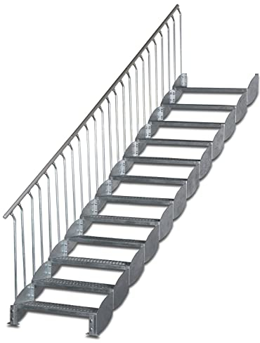 Wangentreppe Scarlo 1000 mit Bodenstütze, 12 Stufen, Höhe 2,36-2,60 m, einseitiges Geländer, Premium Ausstattung, feuerverzinkt, Stahltreppe, Außentreppe