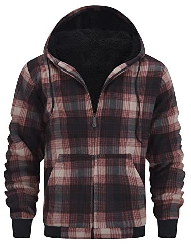 onedog Uomo Felpa con Cappuccio a Scacchi in Pile con Zip Intera Felpa con Cappuccio Uomo Maniche Lunghe in Pile con Cappuccio Giacca Autunno e Inverno Giacca Calda con Ispessimento(Braun M)