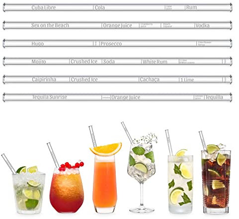 HALM Glasstrohhalme 6x graviert mit Cocktail Rezepten Glastrinkhalme mit Maßen für perfektes Mixen Cuba Libre, Sex on the Beach, Hugo, Mojito, Caipirinha, Tequeila Sunrise Strohhalme