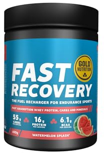 GoldNutrition, Fast Recovery Drink, Bebida Deportiva, Recuperador Muscular con BCAA, Carbohidratos y Proteína Aisalada de Suero, Ideal para la Recuperación Muscular, Sabor Sandía, 600 g