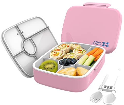 tiddlers & nippers 5 Compartment Lunch/Bento Box for Kids & Adults! | Includes Reusable Cutlery - Fork & Spoon | Leak-Proof & BPA-Free | Microwave, Freezer & Dishwasher Safe (Plain Pink)