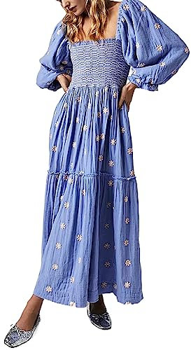 Barbotimer Women's Flower Embroidered Maxi Dress Lantern Sleeve Square Neck Tiered Flowy Spring Fall Dress (as8, Alpha, m, Regular, Regular, Light Blue)