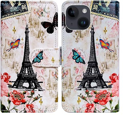 Bcov Case for iPhone 15,Paris Tower Butterfly Leather Flip Phone Case Wallet Cover with Card Slot Holder Kickstand For iPhone 15