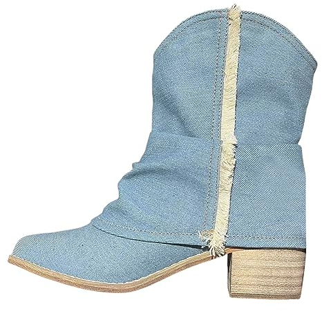 AaaozKjie Stivaletti da donna blu, con tacco alto, in pizzo retrò, pantaloni accatastati, stivali con tacchi spessi, stivali corti con nappe e maniche, stivali da donna invernali da donna, Blu, 41 EU