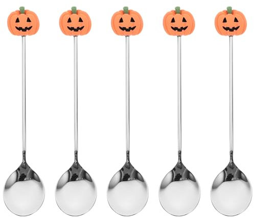 BESTonZON 6-Teiliges Halloween-Löffel-Set Aus Edelstahl Für Kuchen Dessert Servierlöffel Suppe Milch Kaffee Rührlöffel Mit Kürbisaufsatz Für Halloween-Party，Löffel