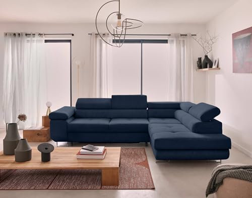 Bestmobilier Zaria – Ecksofa rechts – mit Schlaffunktion und Bettkasten sowie verstellbaren Kopfstützen – 5-Sitzer – aus Cord Blau